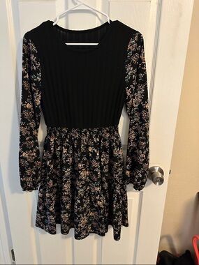 Black Floral Long-Sleeve Fit & Flare Dress